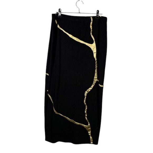 MiKAH Sachie Kintsugi Skirt in Black & Metallic Gold Stretch Midi Size Medium - Picture 3 of 8